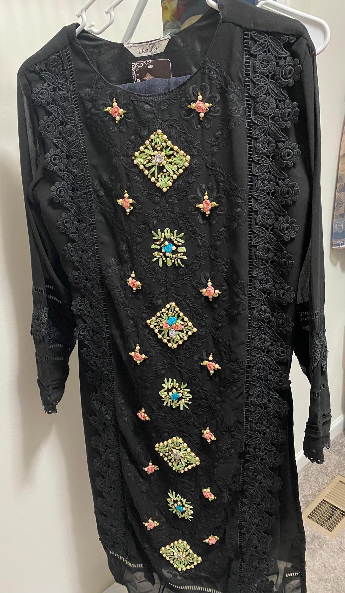 Black Designer Kurti, Matching Pants & Dupatta Set