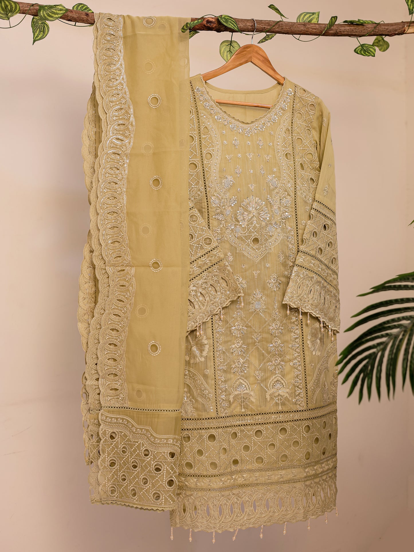 Zardozi With Cutwork Suit Set - Set of 3