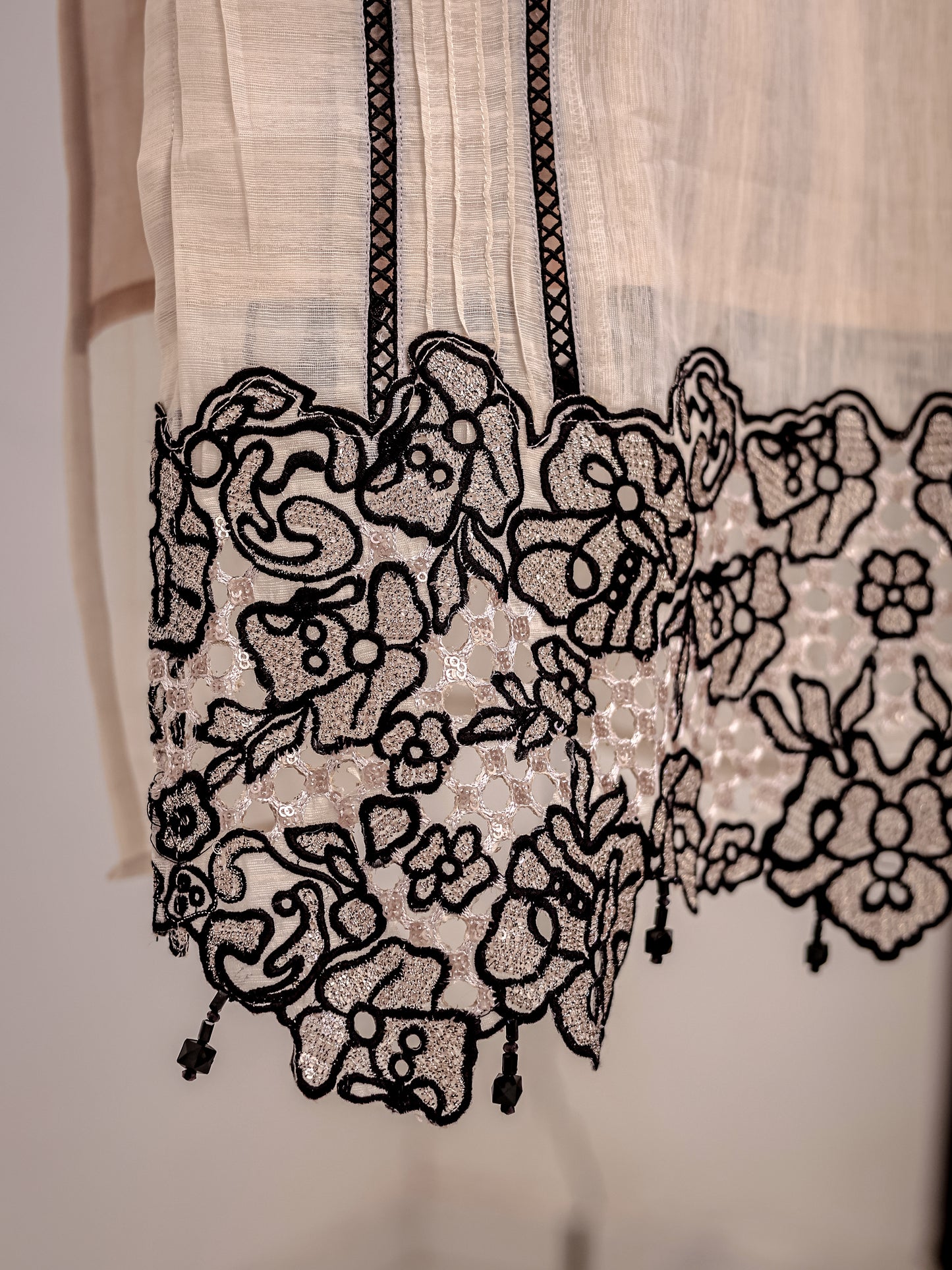 Beige Dress with Black Embroidery