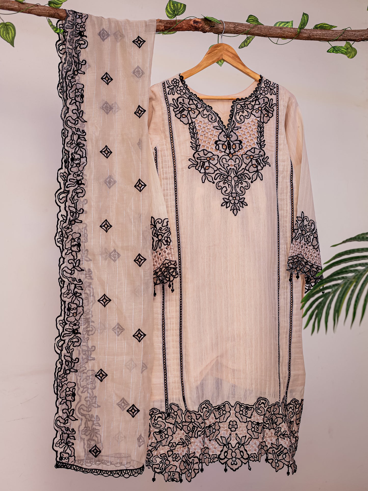 Beige Dress with Black Embroidery