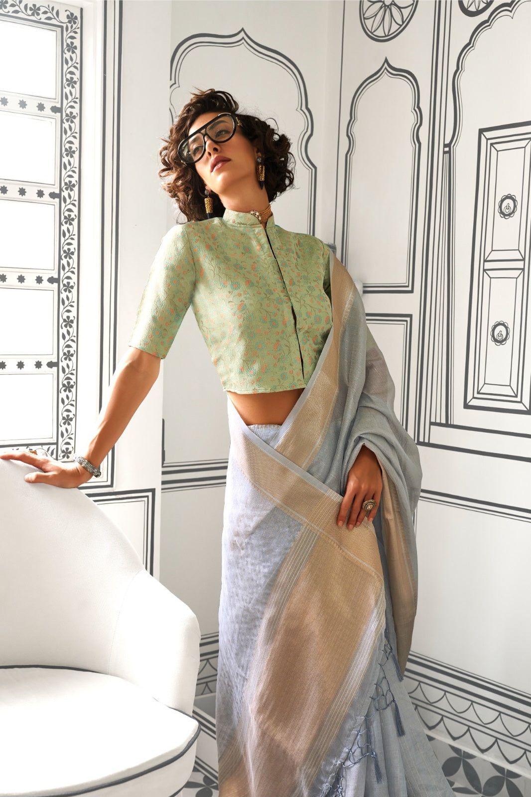 Zariah Moss Chiffon Handloom Saree EASE0015