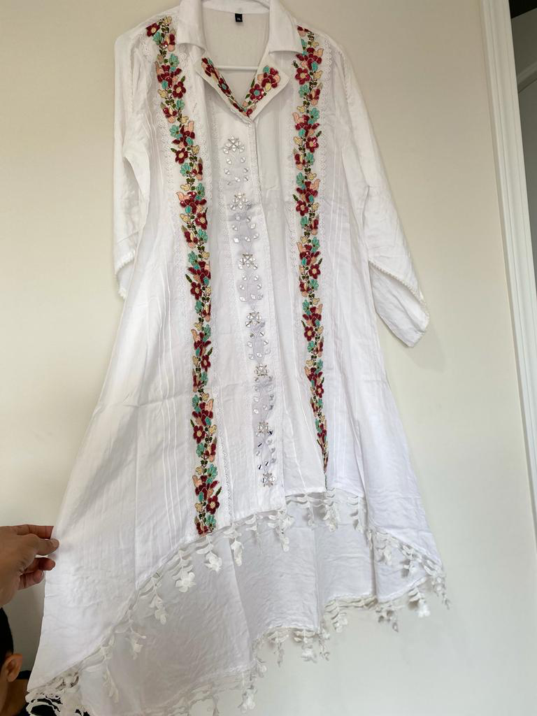 White Asymmetrical Dress With Maroon Embroidery