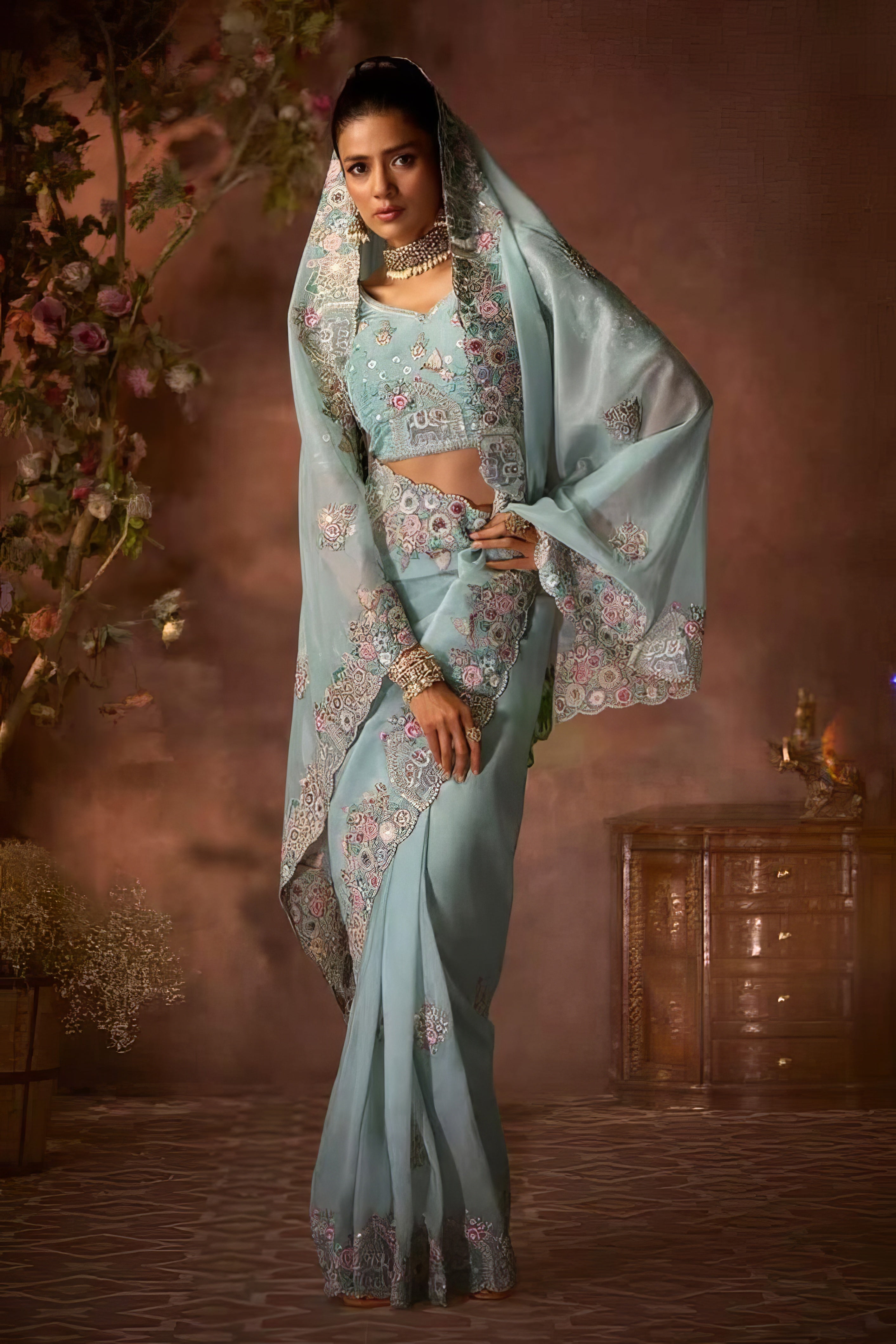 Pure Crystel Silk Heavy Embroidered Beads Work Saree LXSE0001