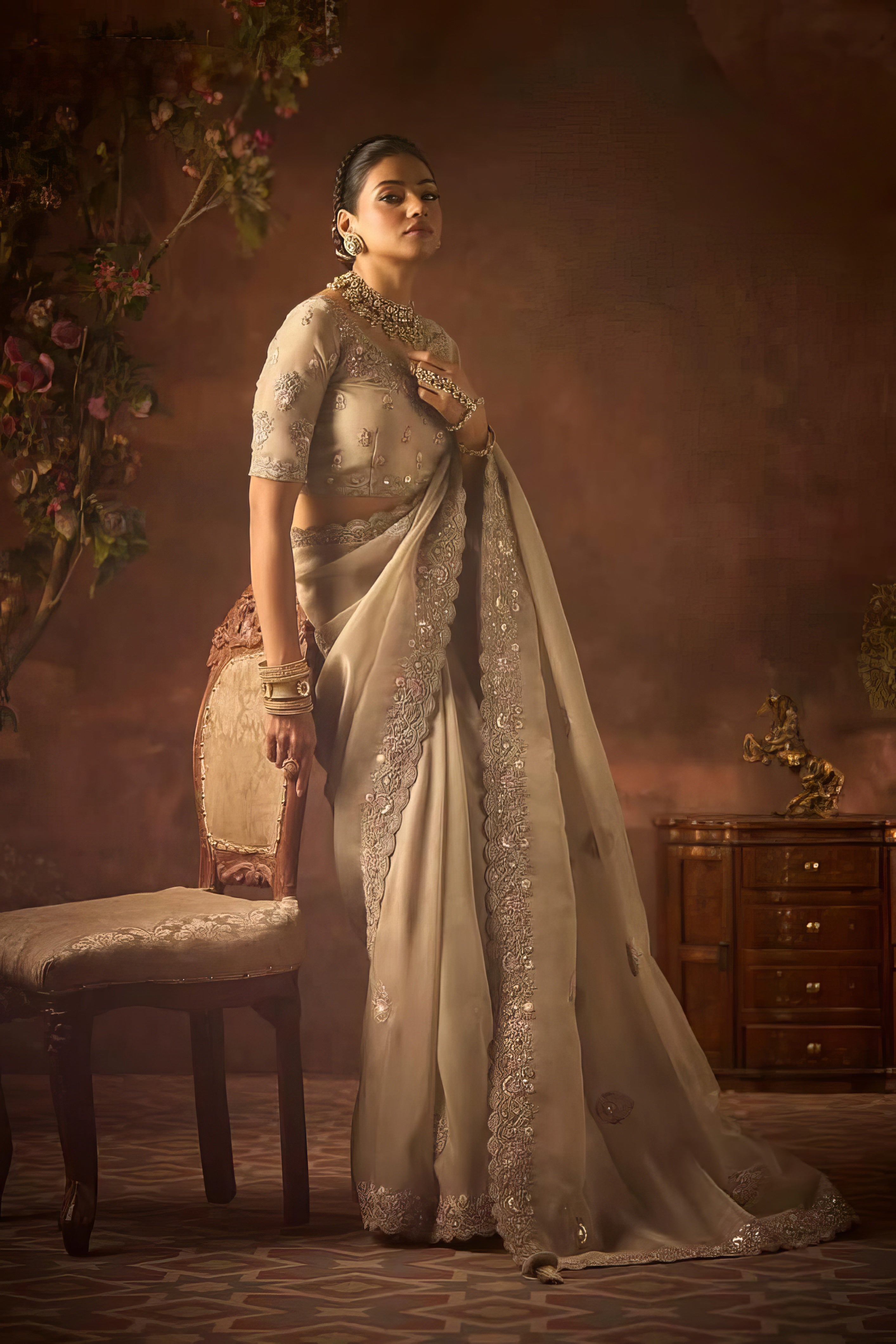 Pure Crystel Silk Heavy Embroidered Beads Work Saree LXSE0001